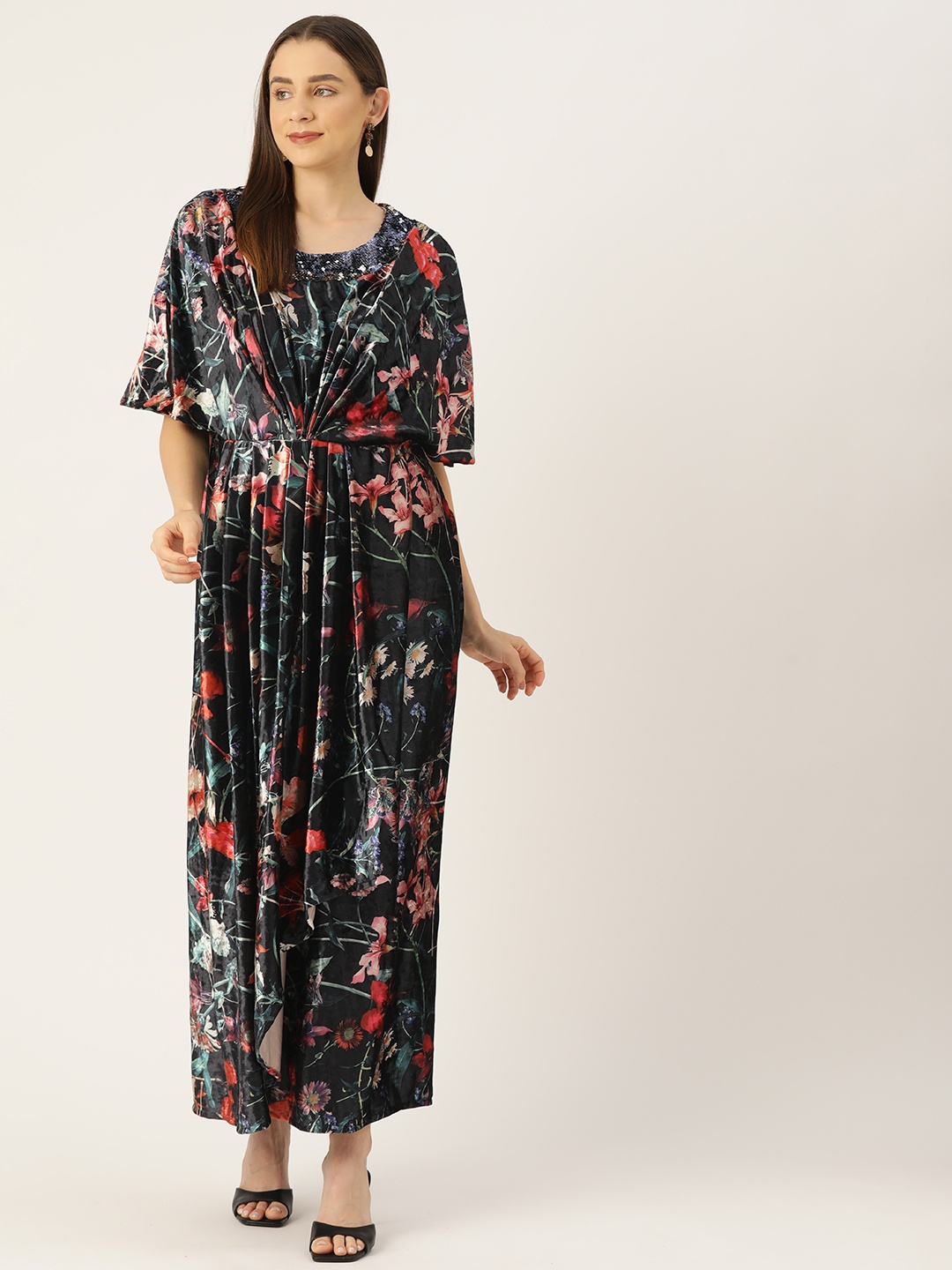 

Simaaya Floral Printed Kimono Sleeve Velvet Maxi Dress, Black