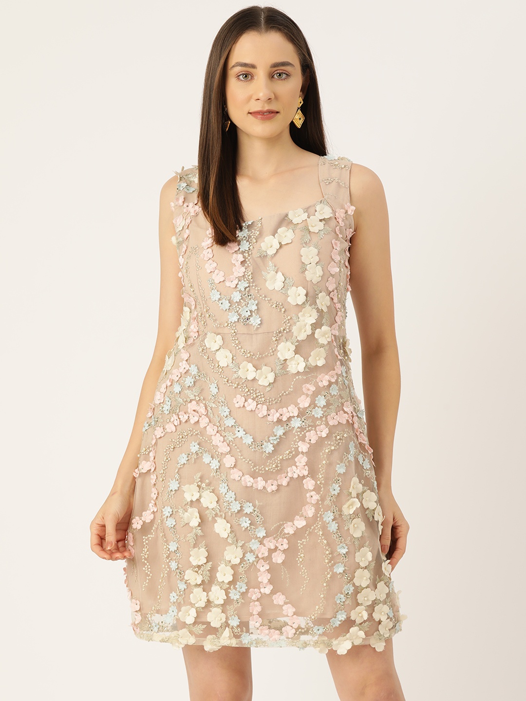 

Simaaya Floral Embroidered Net Bodycon Dress, Beige