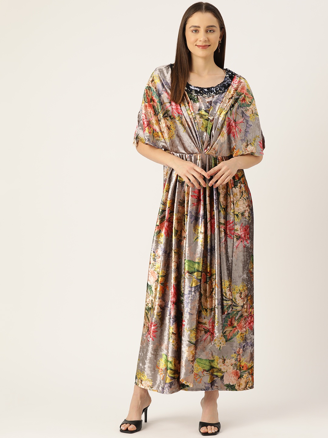 

Simaaya Floral Printed Kimono Sleeve Velvet Maxi Dress, Grey