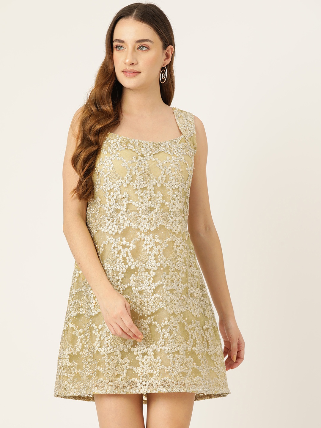 

Simaaya Floral Embroidered Net A-Line Dress, Beige