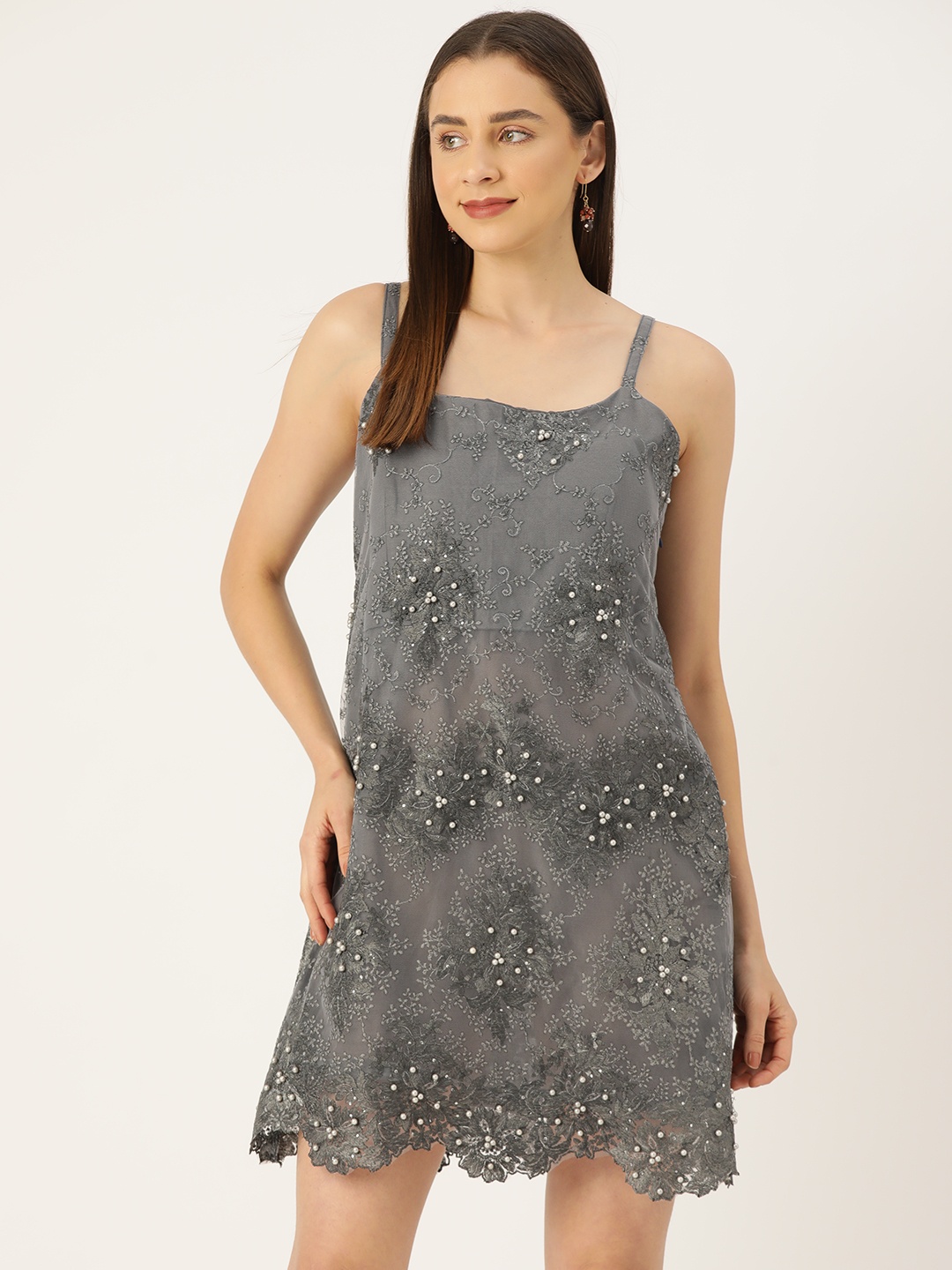

Simaaya Floral Embroidered Net Bodycon Dress, Grey