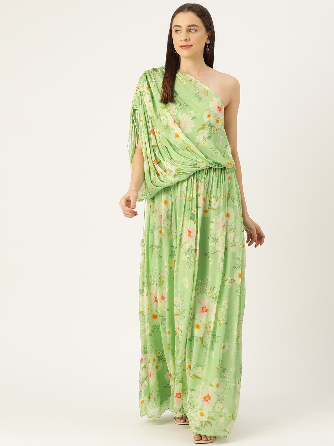 

Simaaya Floral Print One Shoulder Flared Sleeve Georgette Maxi Dress, Green