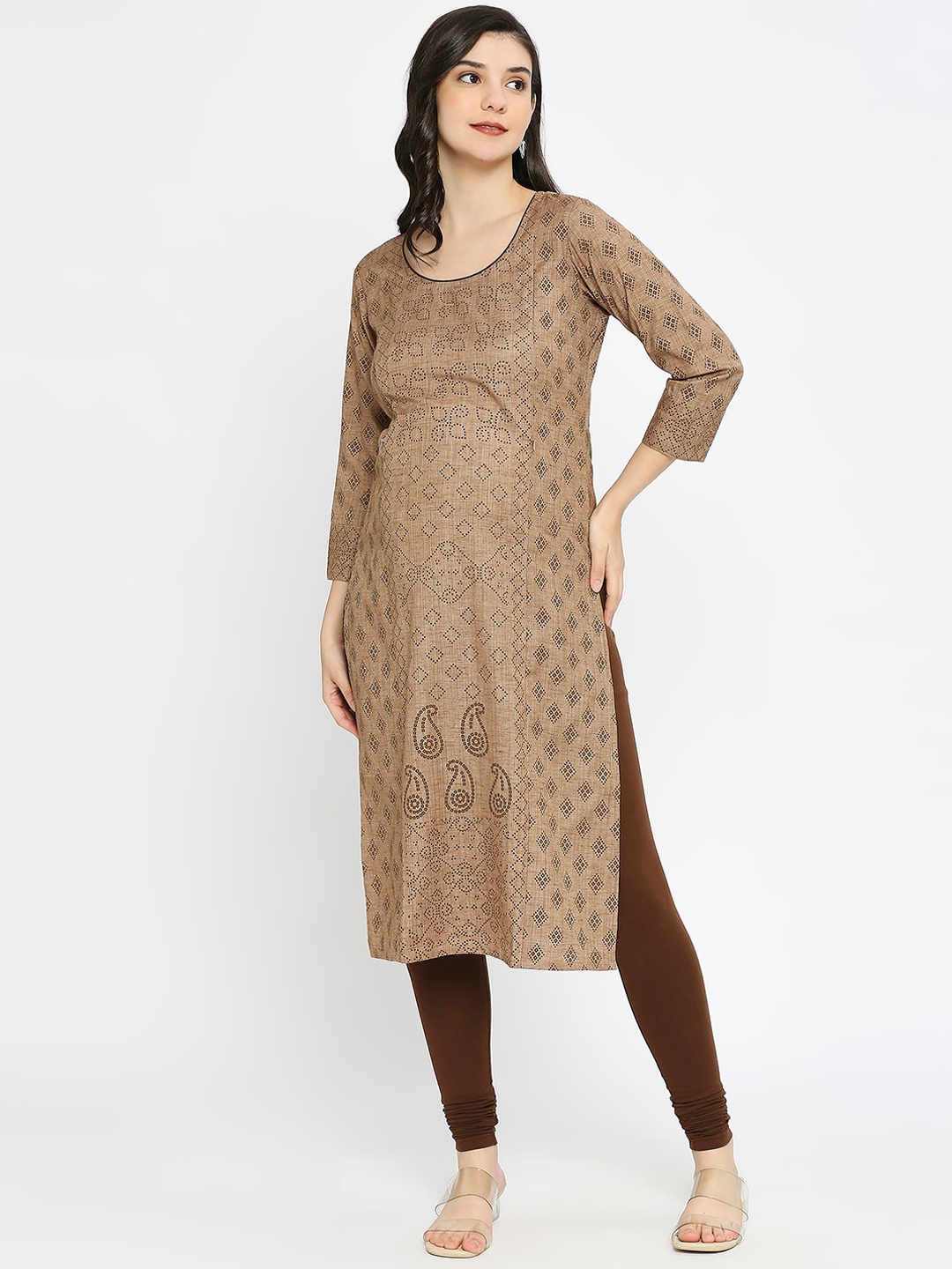 

True Shape Geometric Printed Maternity Kurta, Brown