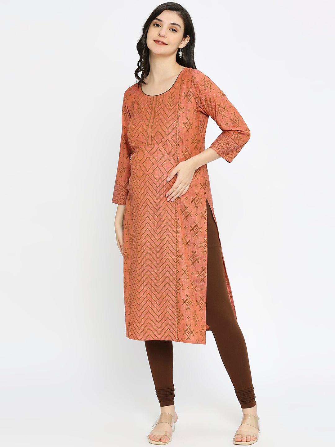 

True Shape Geometric Printed Maternity Straight Kurta, Peach
