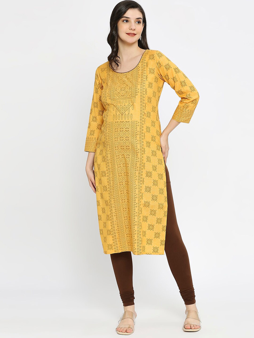

True Shape Ethnic Motifs Printed Maternity Straight Kurta, Yellow
