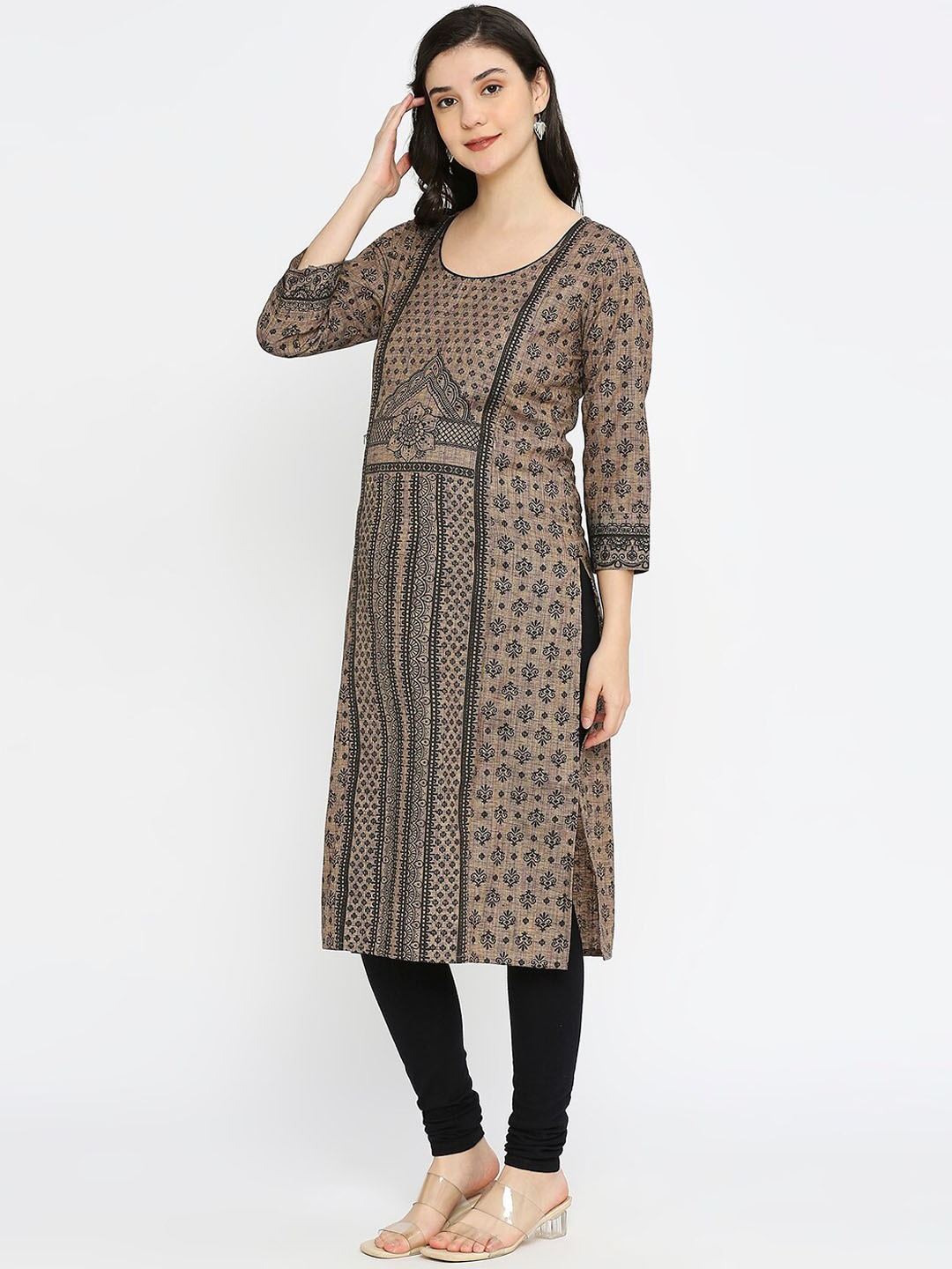 

True Shape Ethnic Motifs Printed Round Neck Maternity Kurta, Grey