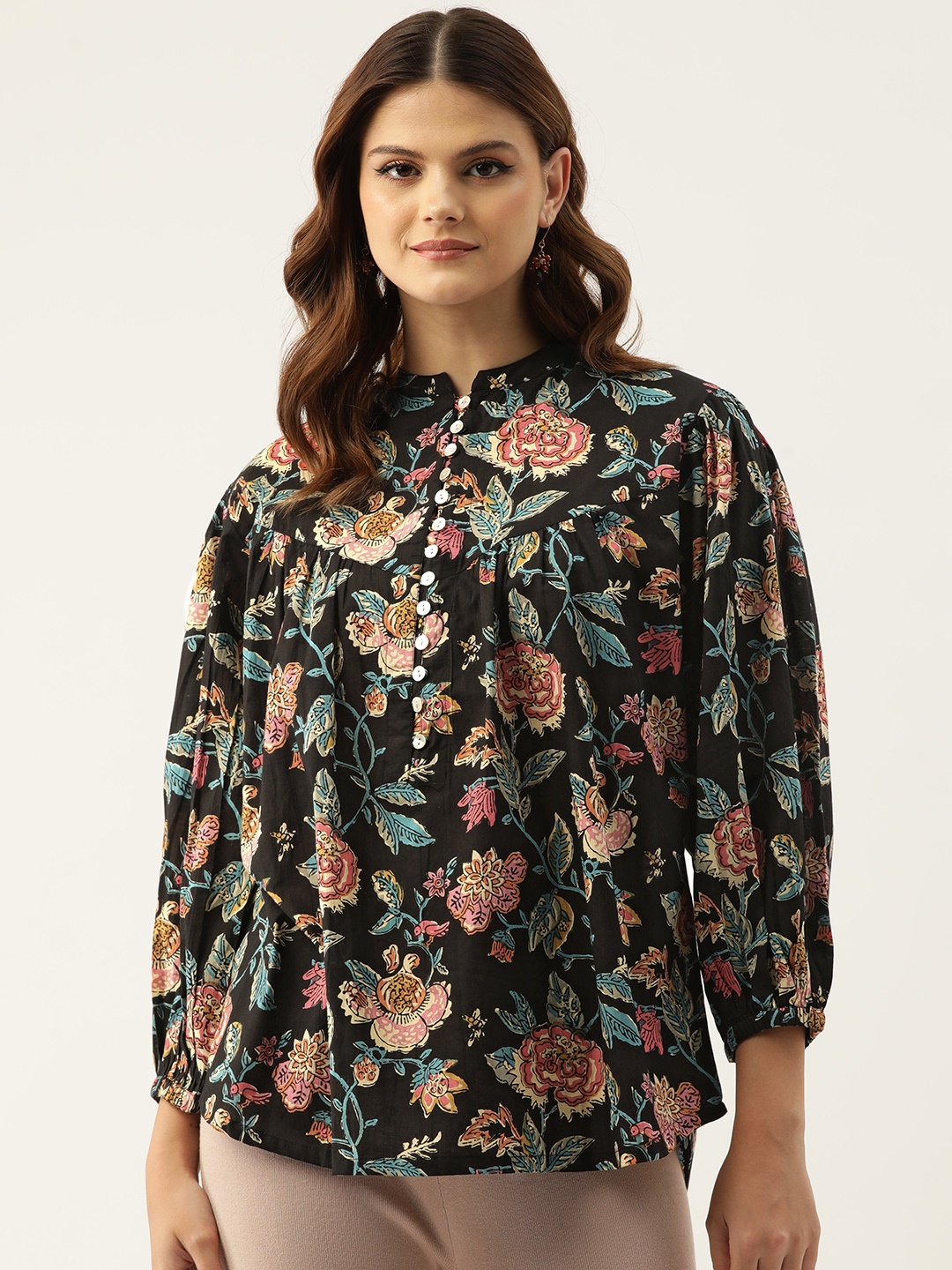 

Jaipur Morni Floral Print Mandarin Collar Puff Sleeves Pure Cotton Top, Black