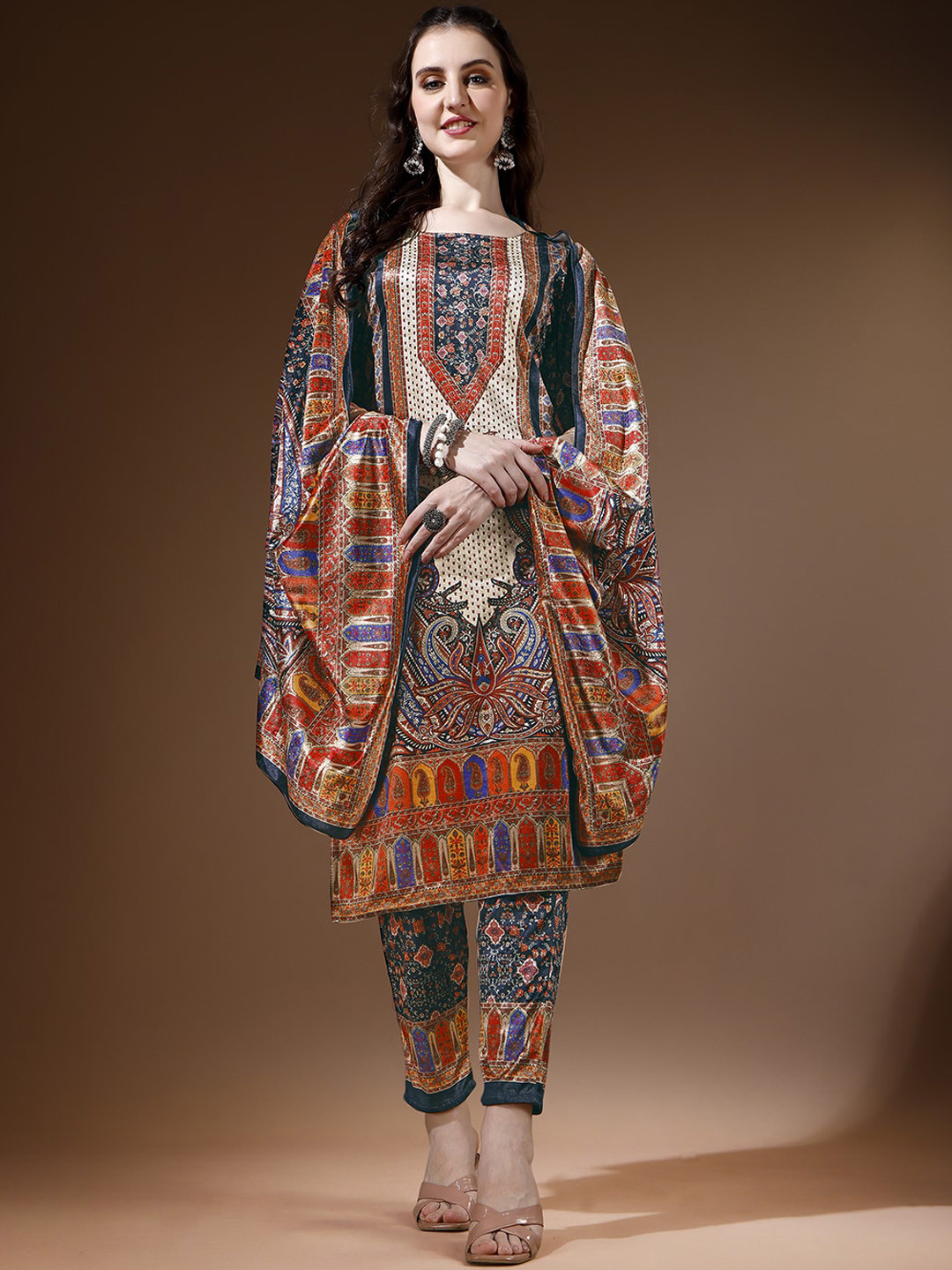 

KALINI Ethnic Motifs Printed Velvet Kurta With Trousers & Dupatta, Navy blue