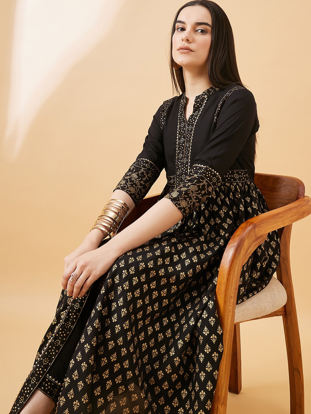 

all about you Ethnic Motifs Printed Gotta Patti A-Line Kurta With Trouser, Black