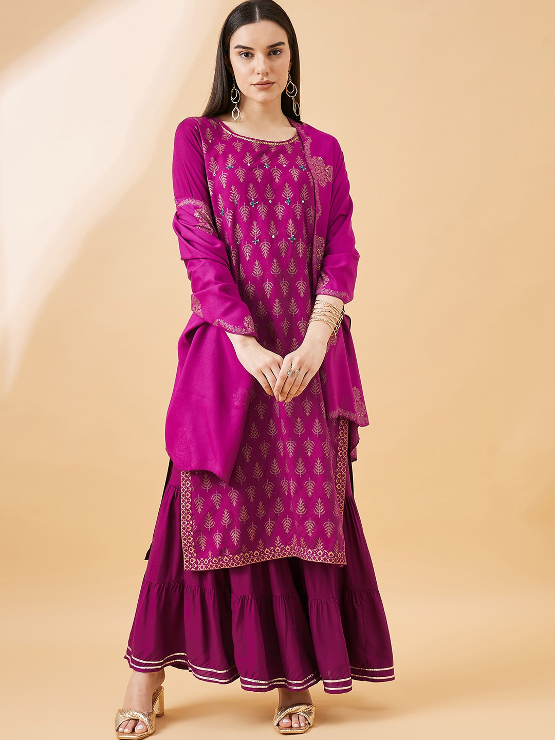 

all about you Ethnic Motifs Printed Sequined Straight Kurta With Sharara & Dupatta, Maroon