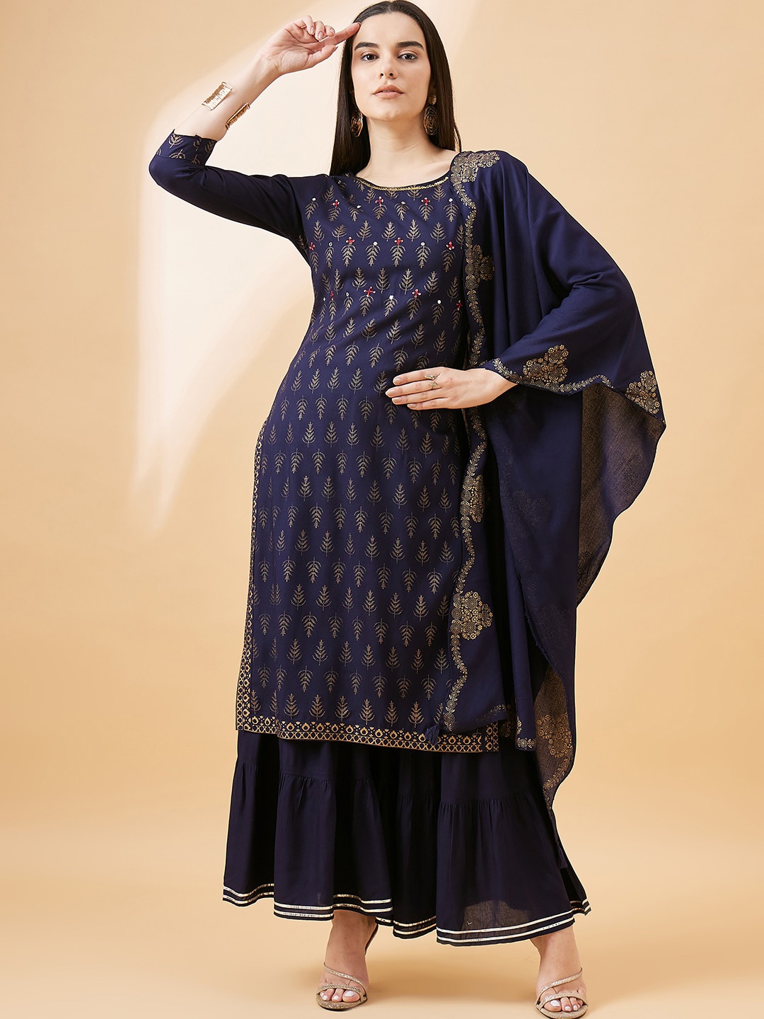 

all about you Ethnic Motifs Printed Sequined Straight Kurta With Sharara & Dupatta, Navy blue