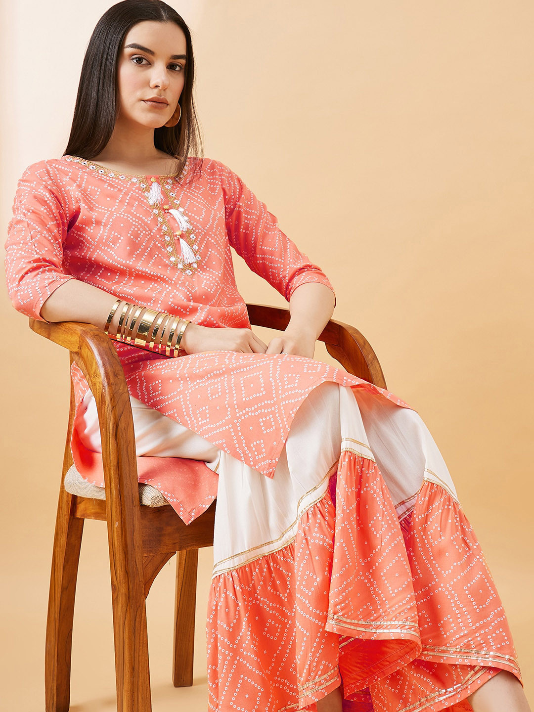 

all about you Bandhani Printed Mirror Work Straight Kurta with Sharara, Peach