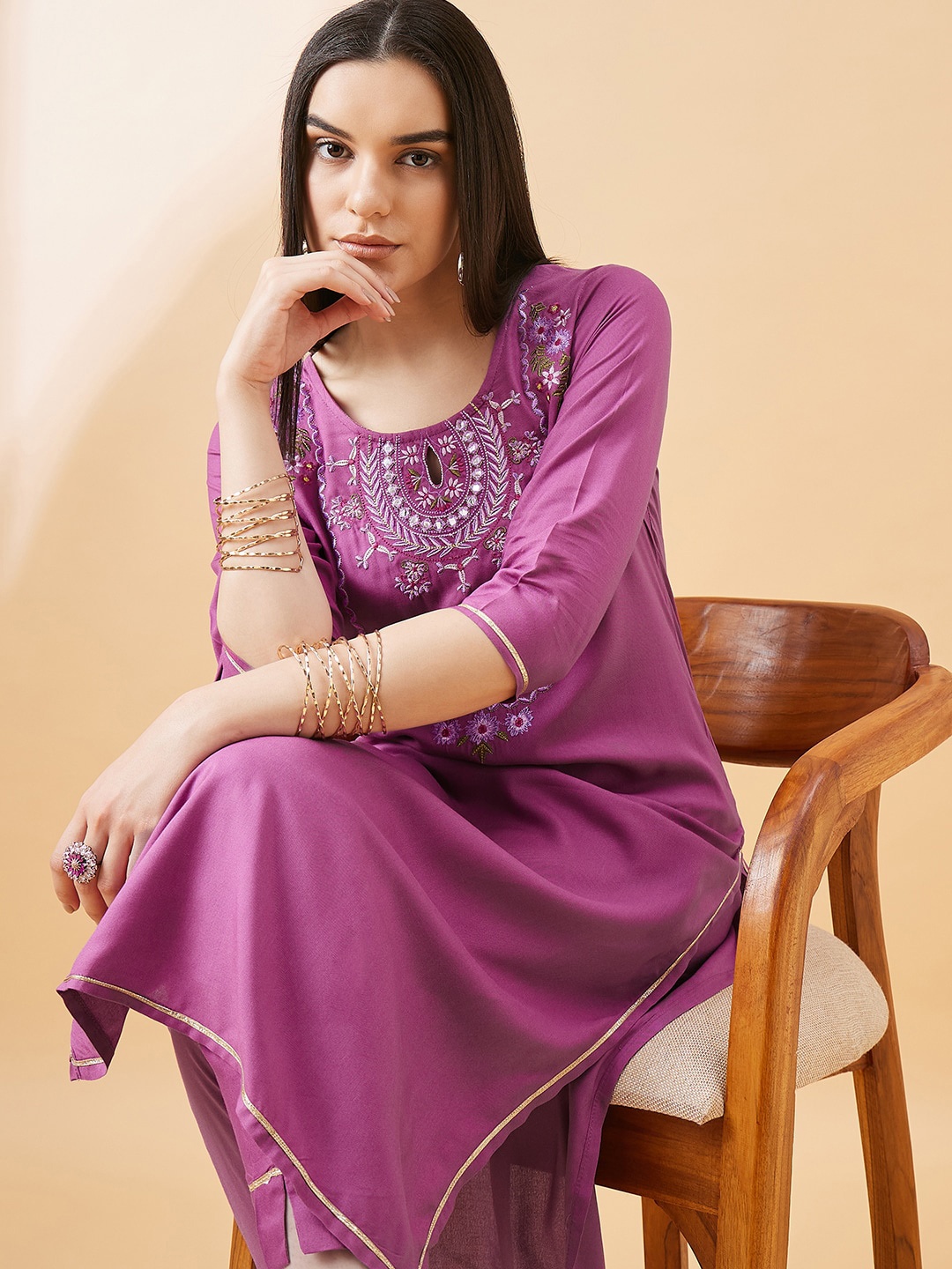

all about you Purple Ethnic Motifs Yoke Design Thread Work Kurta With Trousers