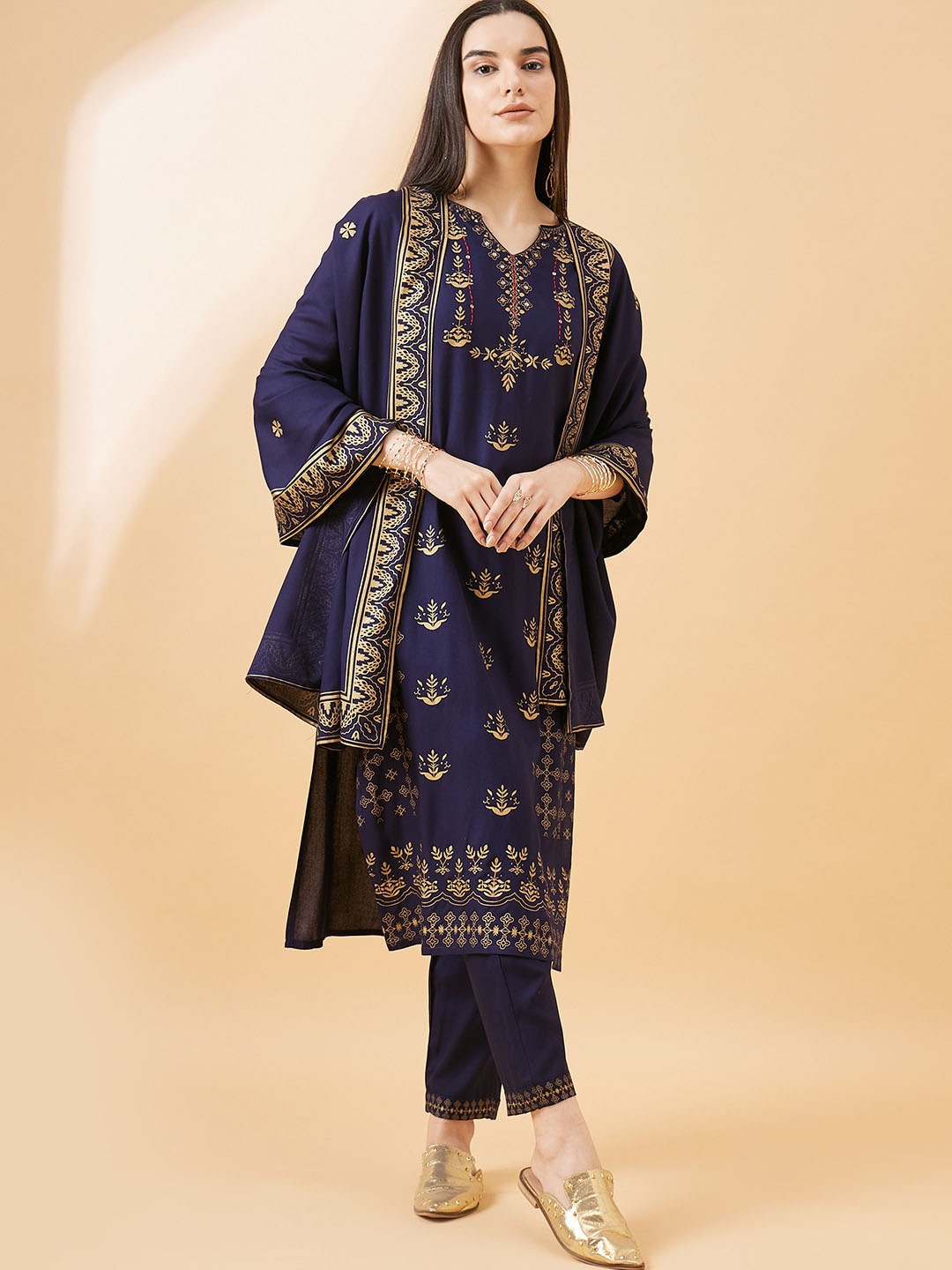 

all about you Navy Blue Ethnic Motifs Printed Sequinned Kurta With Trousers & Dupatta