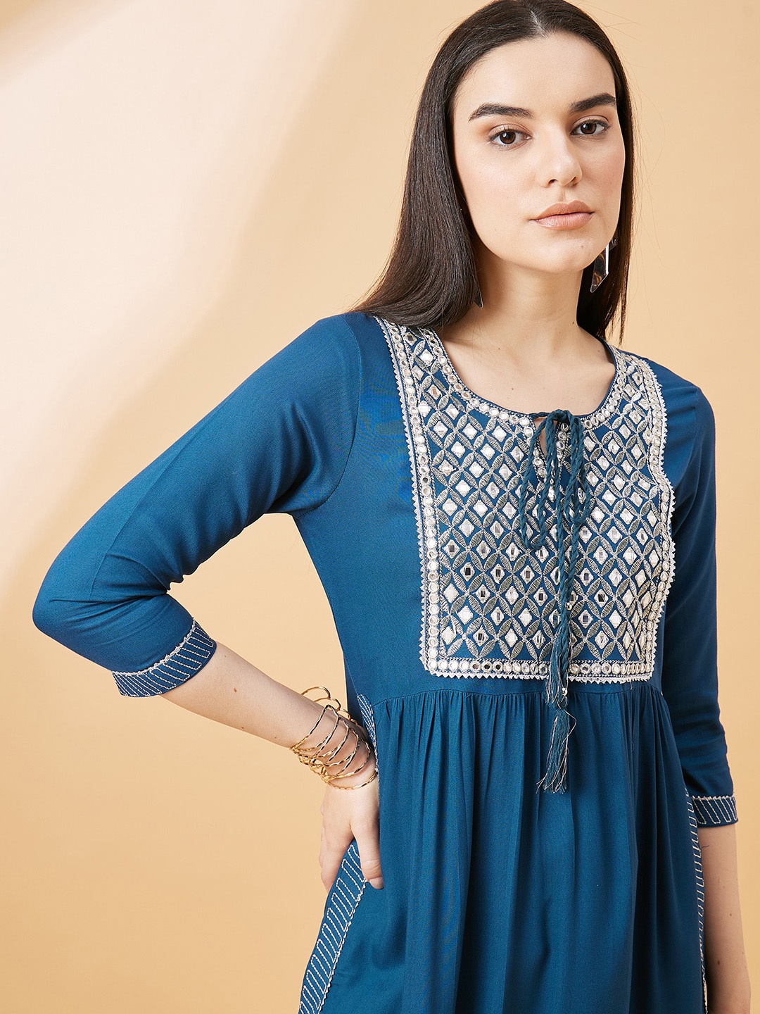 

all about you Ethnic Motifs Yoke Design Mirror Work High Slit Kurta With Trousers, Blue