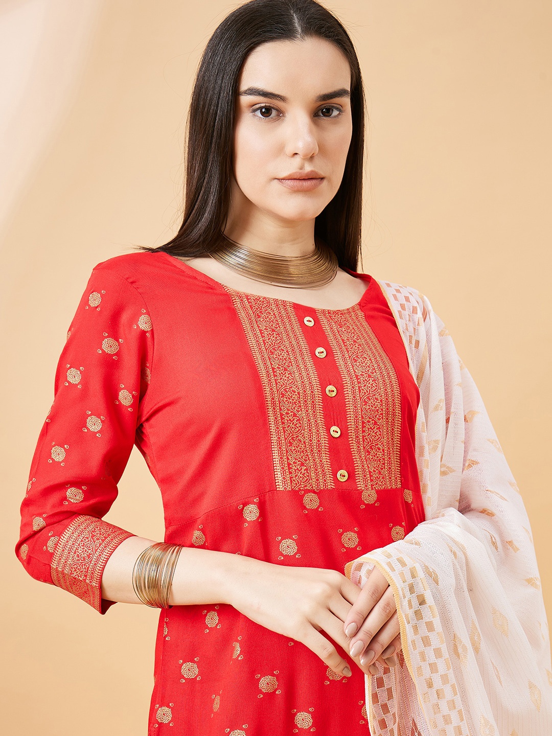 

all about you Yoke Design Regular Kurta with Trousers & Dupatta, Red