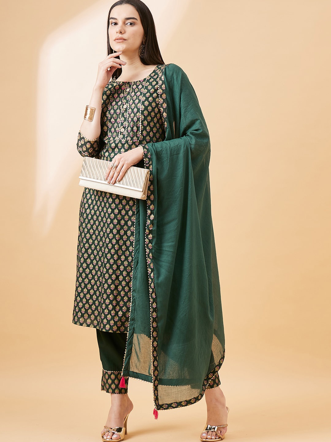 

all about you Ethnic Motifs Printed Gotta Patti Straight Kurta With Trouser & Dupatta, Green