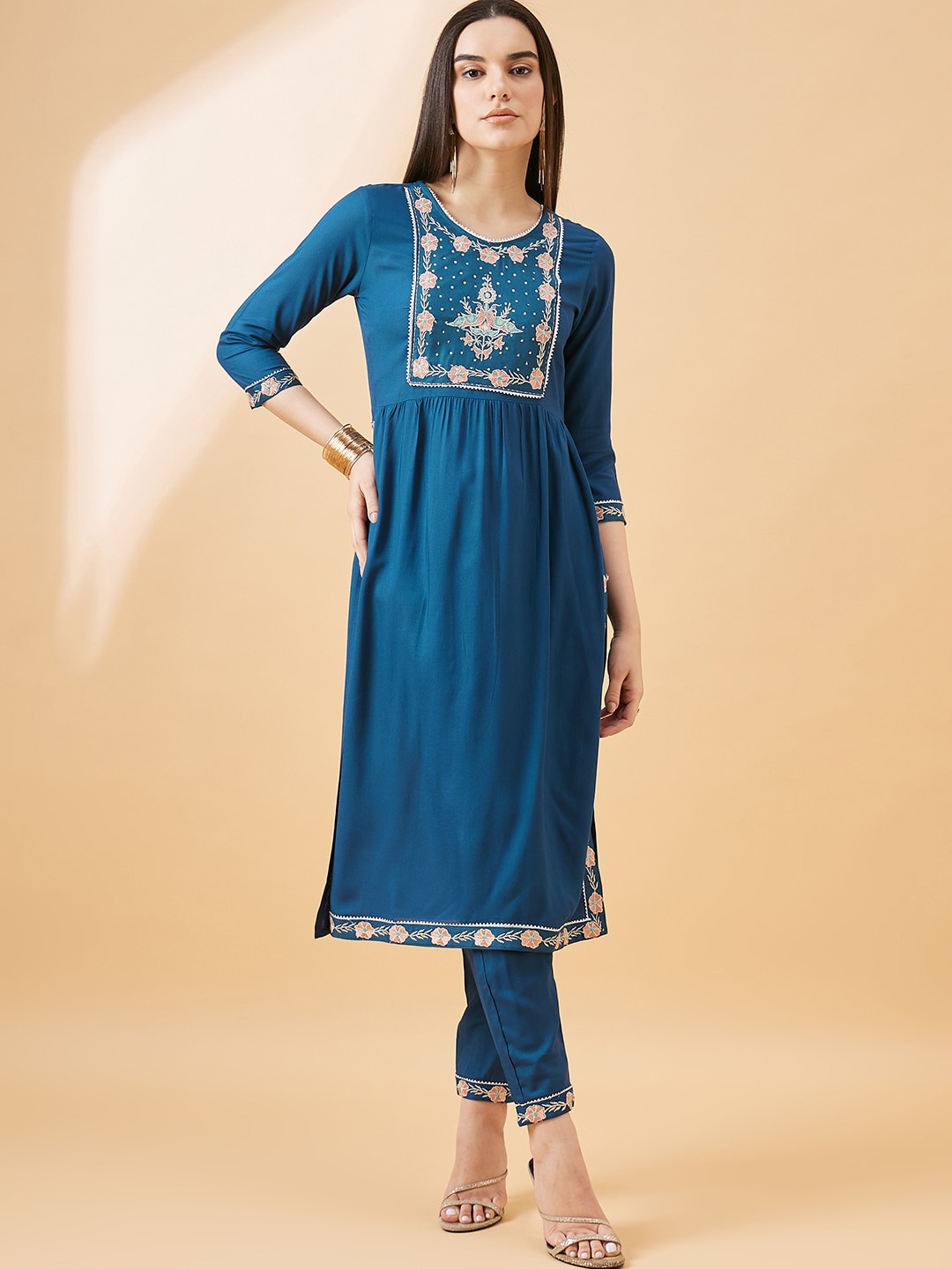 

all about you Floral Yoke Design Thread Work High Slit Kurta With Trouser, Teal