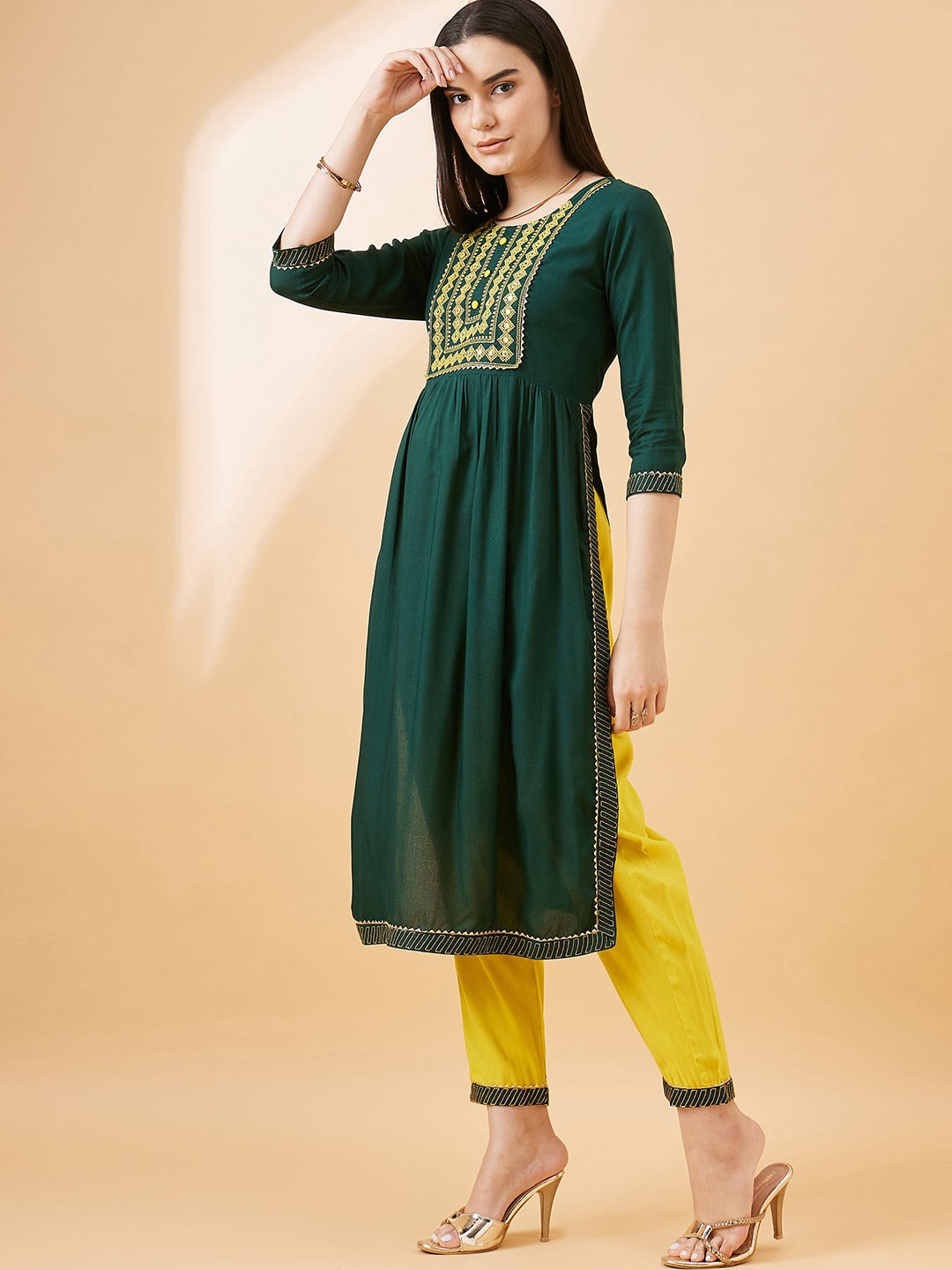 

all about you Geometric Embroidered Gotta Patti Mirror work Pleated Kurta With Trouser, Green