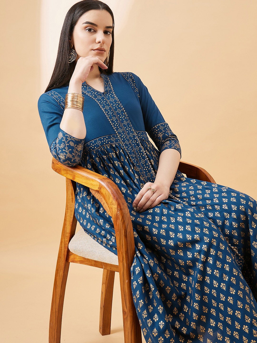 

all about you Ethnic Motifs Printed Gotta Patti Pleated A-Line Kurta With Trouser, Teal