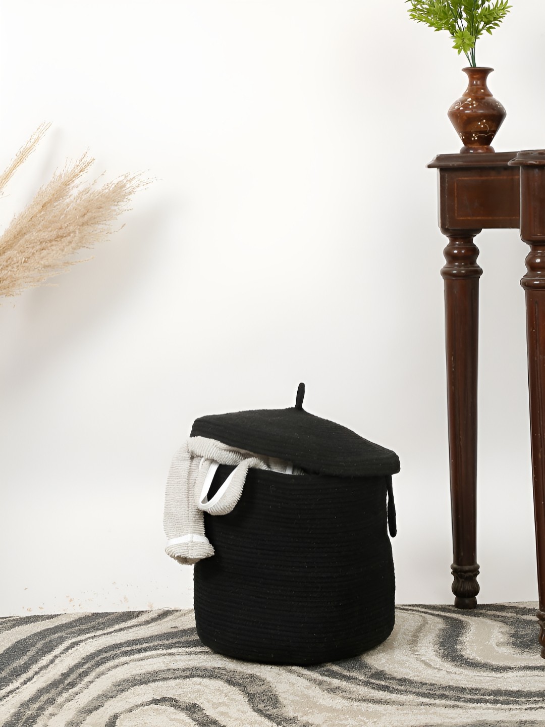 

Shilpkara Black Cotton Dori Jute Washing Laundry Basket
