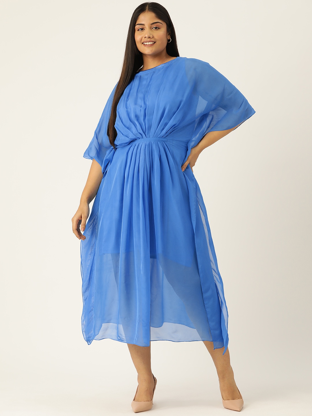 

Simaaya Women Plus Size Batwing Sleeves Chiffon A-Line Midi Dress, Blue