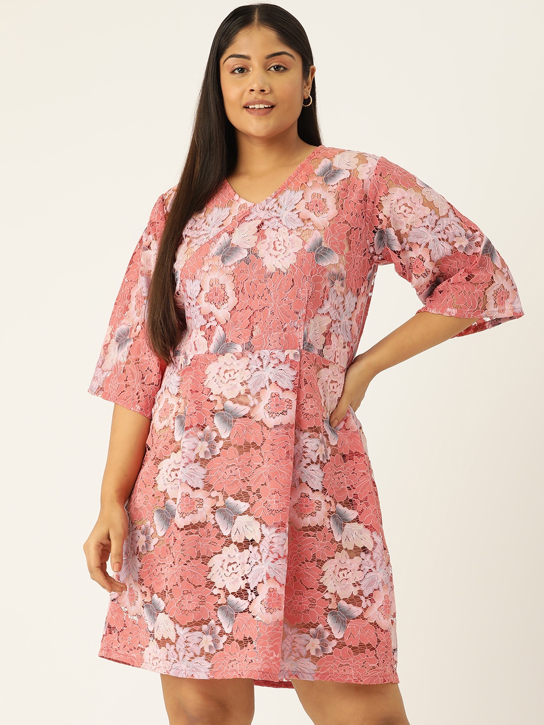 

Simaaya Plus Size Floral Flared Sleeves Lace A-Line Dress, Orange