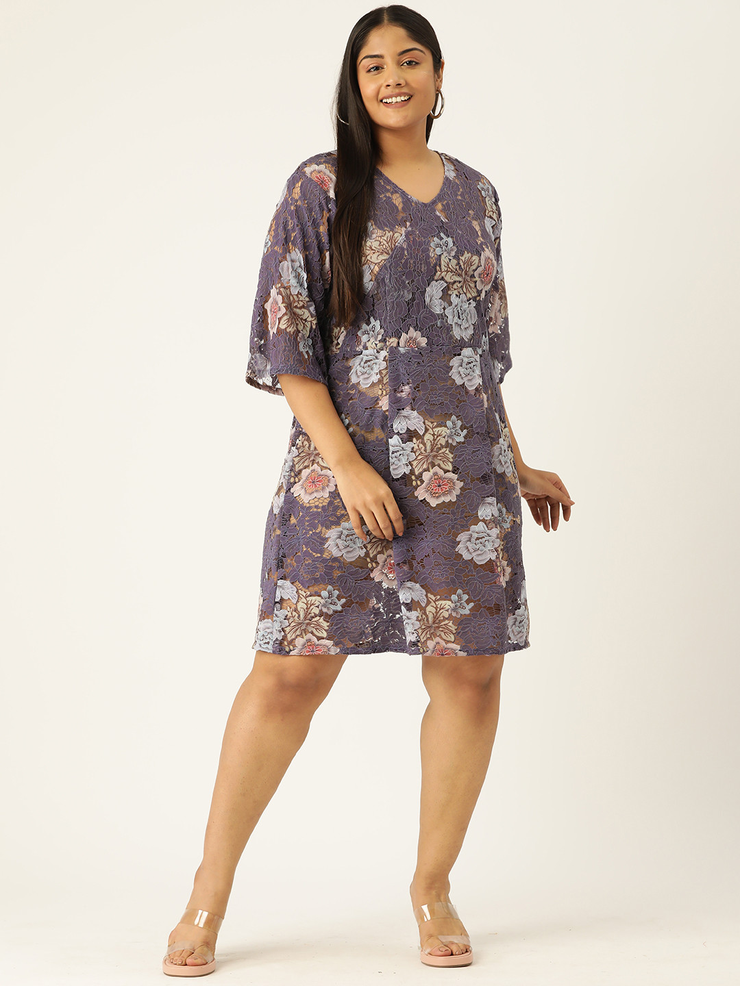 

Simaaya Plus Size Flared Sleeves Lace A-Line Dress, Purple