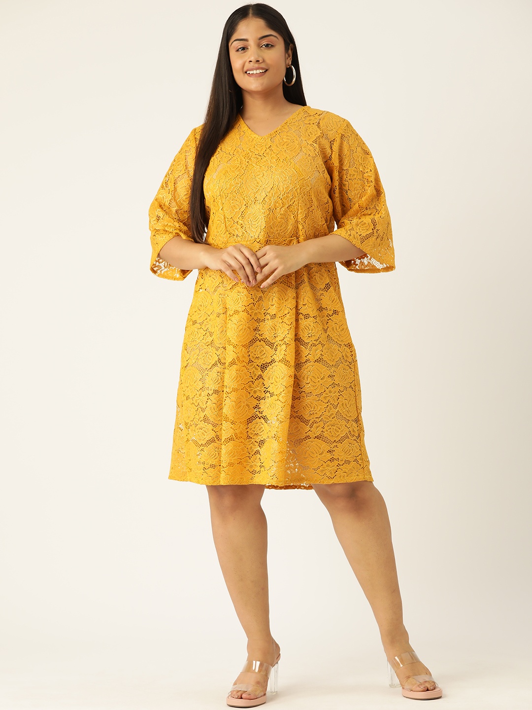 

Simaaya Plus Size Flared Sleeves Lace A-Line Dress, Yellow