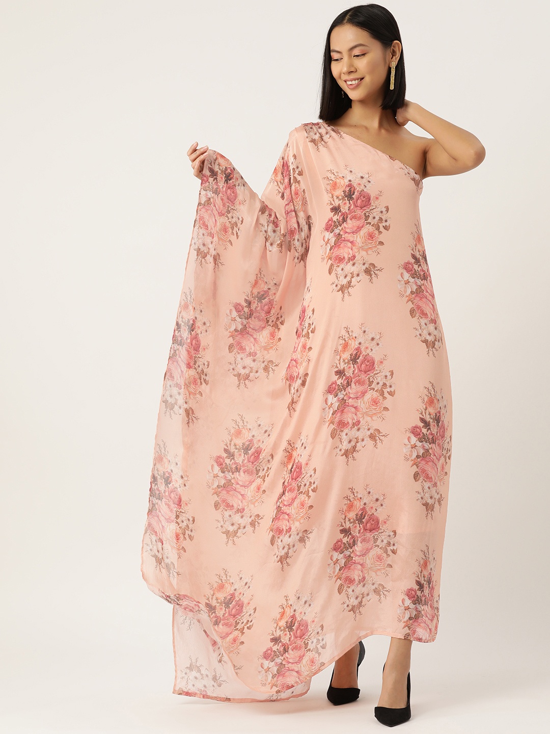 

Simaaya Floral Printed One Shoulder Chiffon Maxi Dress, Peach