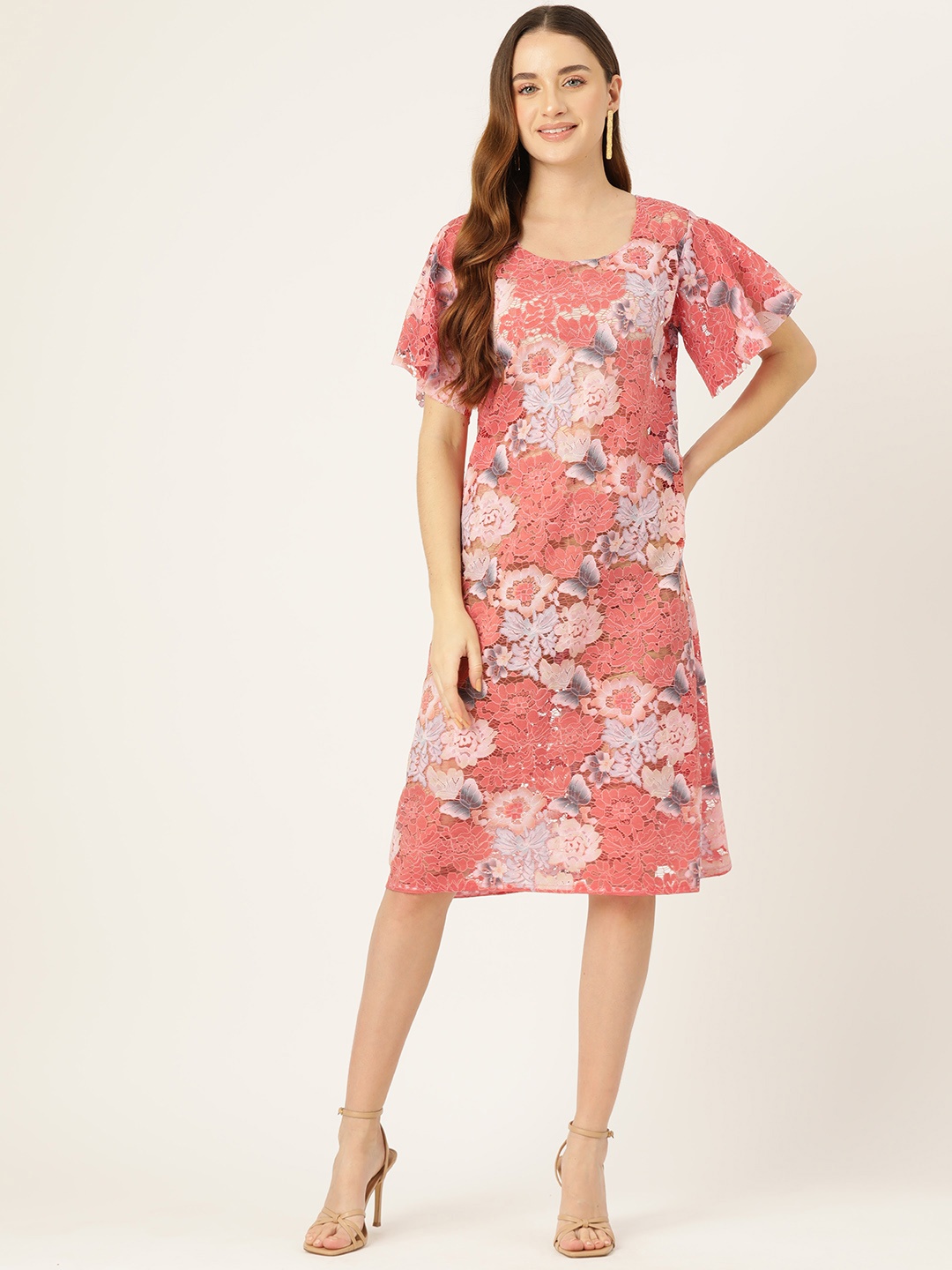 

Simaaya Pink Floral Flared Sleeve A-Line Dress