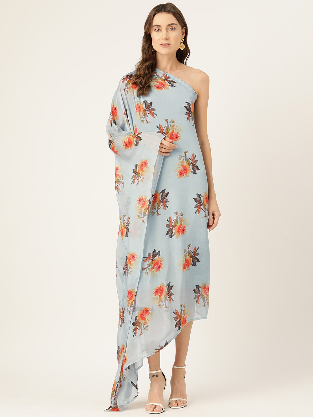 

Simaaya Floral Print One Shoulder Kimono Sleeve Chiffon Kaftan Maxi Dress, Turquoise blue