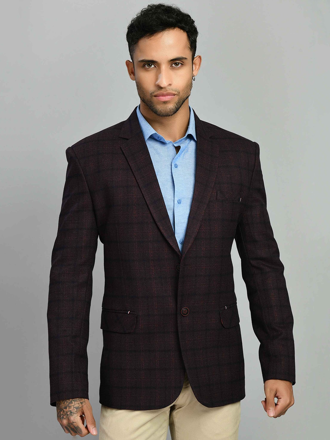 

SQUIREHOOD Checked Woollen Comfort Fit Twid Weave Single-Breasted Blazer, Burgundy