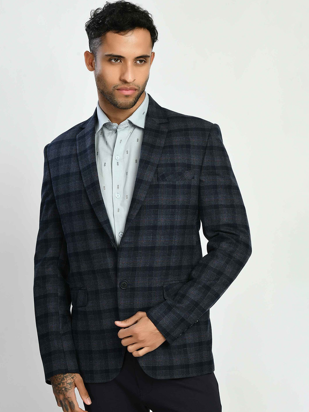 

SQUIREHOOD Checked Woollen Twid Weave Single Breasted Blazer, Blue