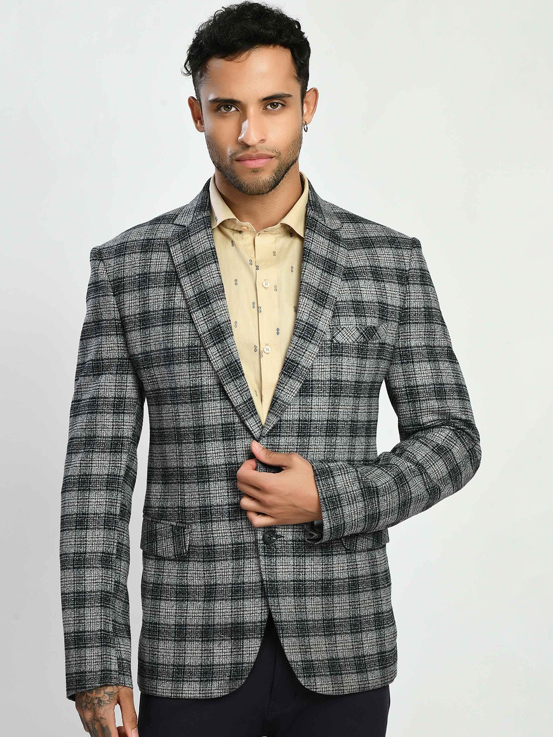 

SQUIREHOOD Checked Woollen Comfort Fit Twid Weave Single Breasted Blazer, Grey