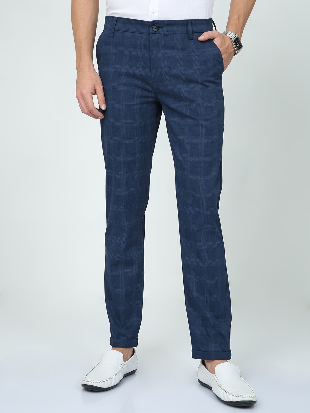 

CP BRO Men Checked Classic Slim Fit Cotton Trousers, Navy blue