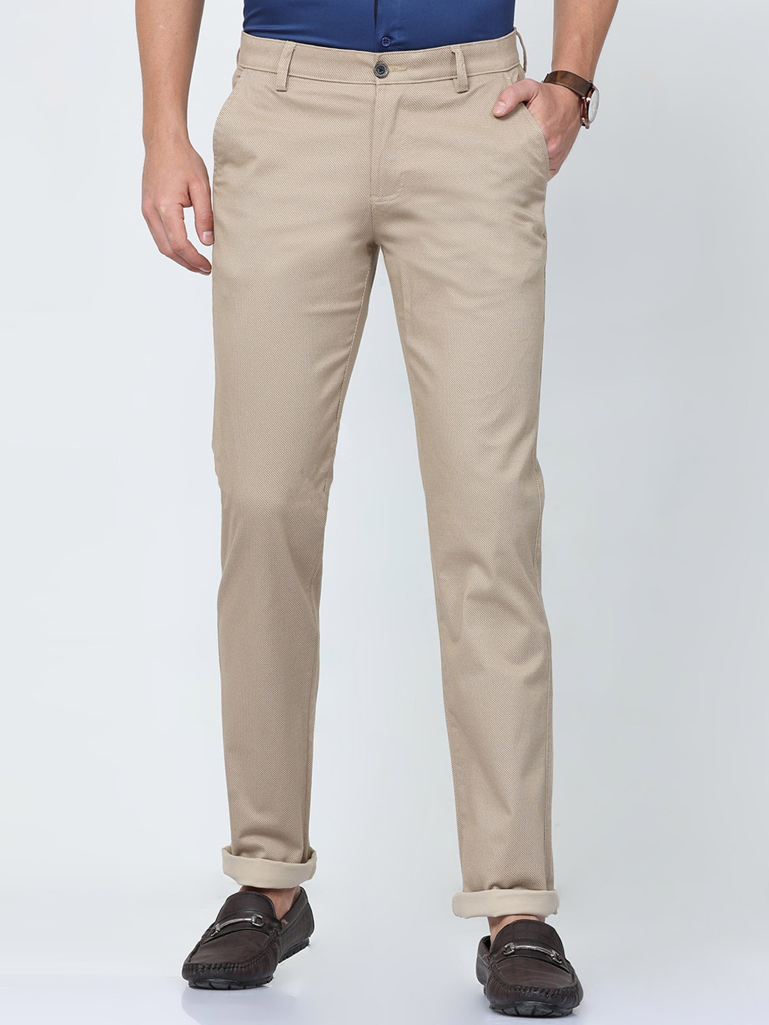 

CP BRO Men Classic Slim Fit Cotton Trousers, Cream