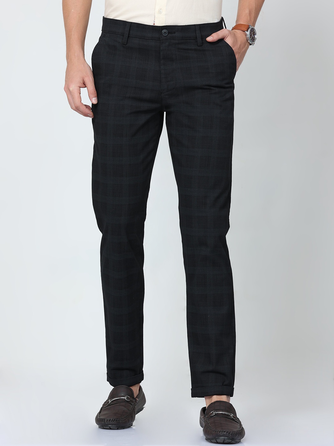 

CP BRO Men Classic Slim Fit Checked Cotton Trousers, Black