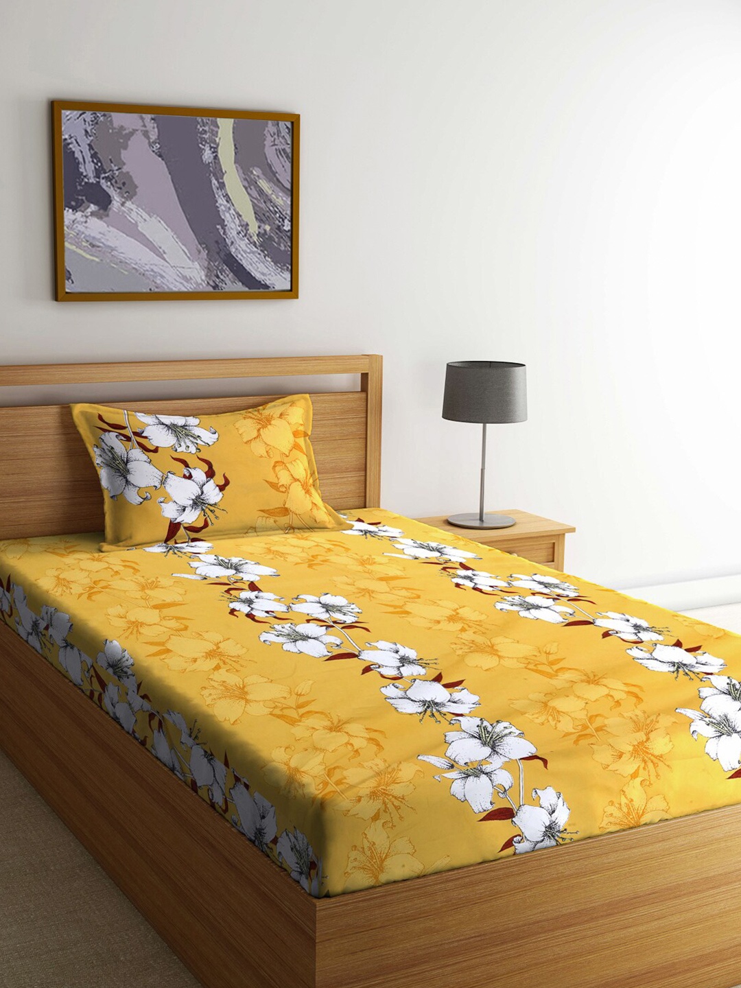 

FABINALIV Yellow Floral Printed 300 TC Single Bedsheet With 1 Pillow Cover