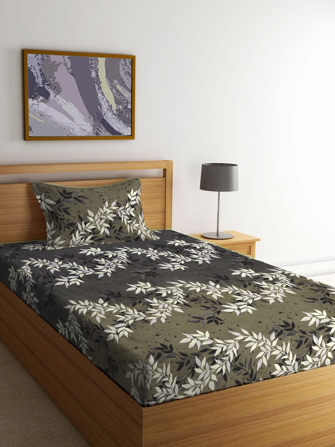

FABINALIV Green & White Floral Printed 300 TC Single Bedsheet With 1 Pillow Cover