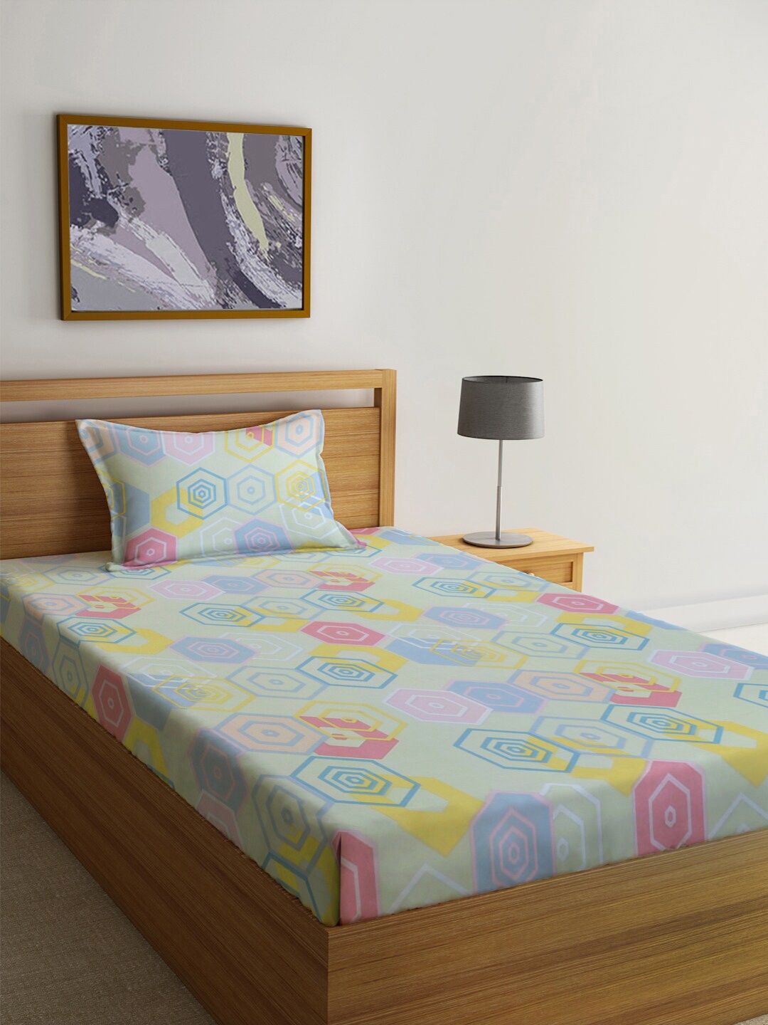 FABINALIV Green & Blue Geometric Printed 300 TC Single Bedsheet With 1 Pillow Cover