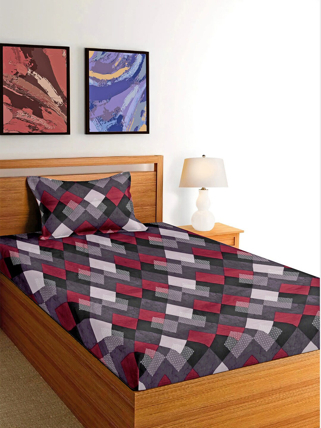 

FABINALIV Black & Maroon Geometric Printed 300 TC Single Bedsheet With 1 Pillow Cover, Grey