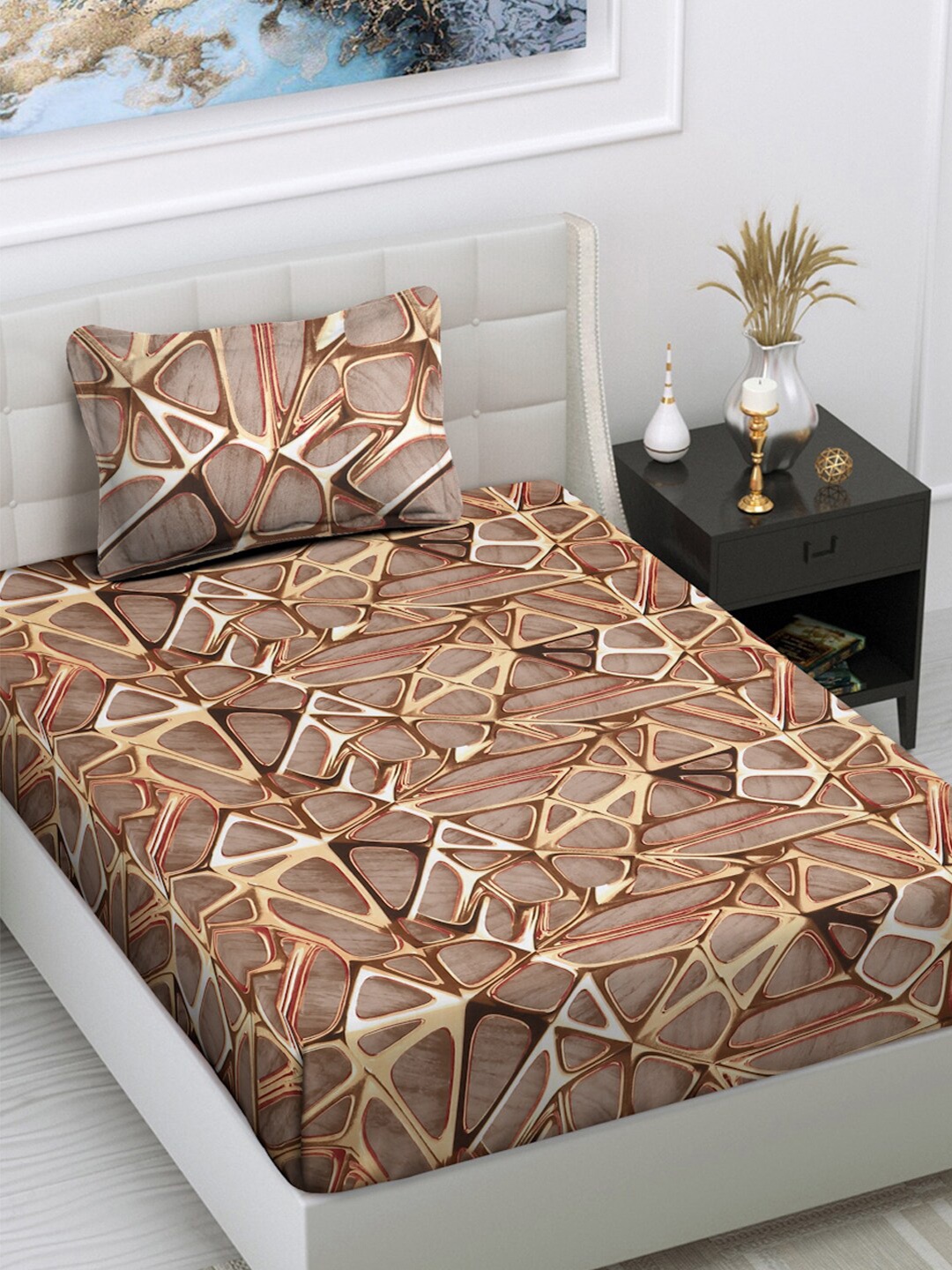

FABINALIV Brown Geometric Printed 300 TC Single Bedsheet With 1 Pillow Cover