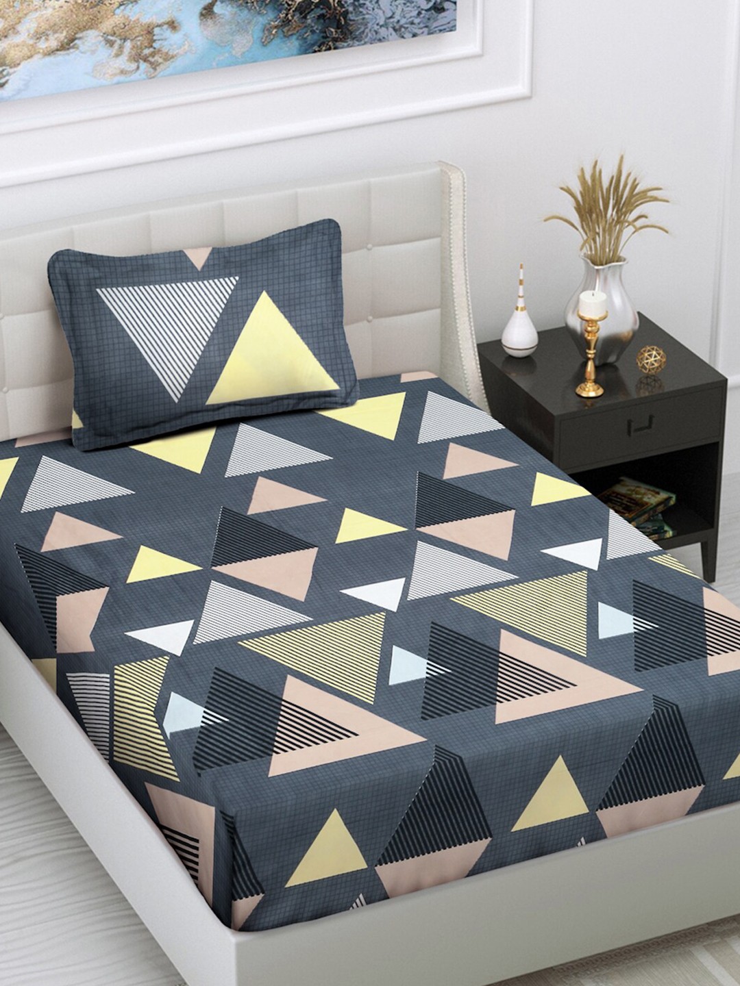 

FABINALIV Grey Geometric Printed 300 TC Single Bedsheet With 1 Pillow Cover