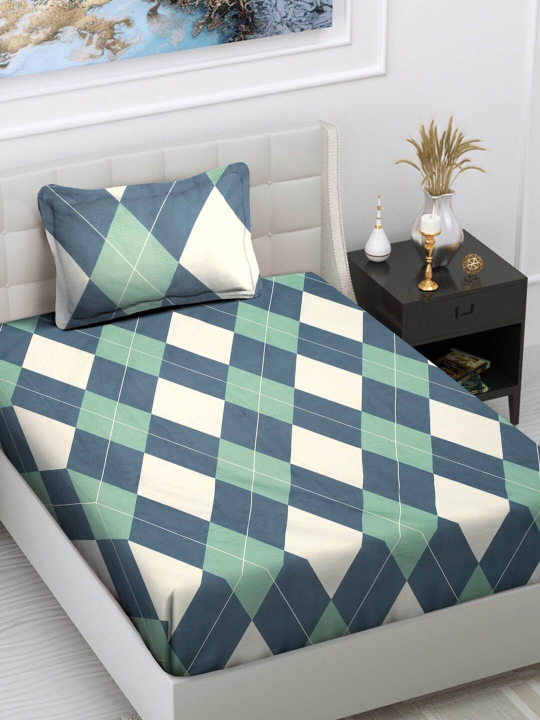 

FABINALIV Green & Grey Geometric Printed 300 TC Single Bedsheet With 1 Pillow Cover