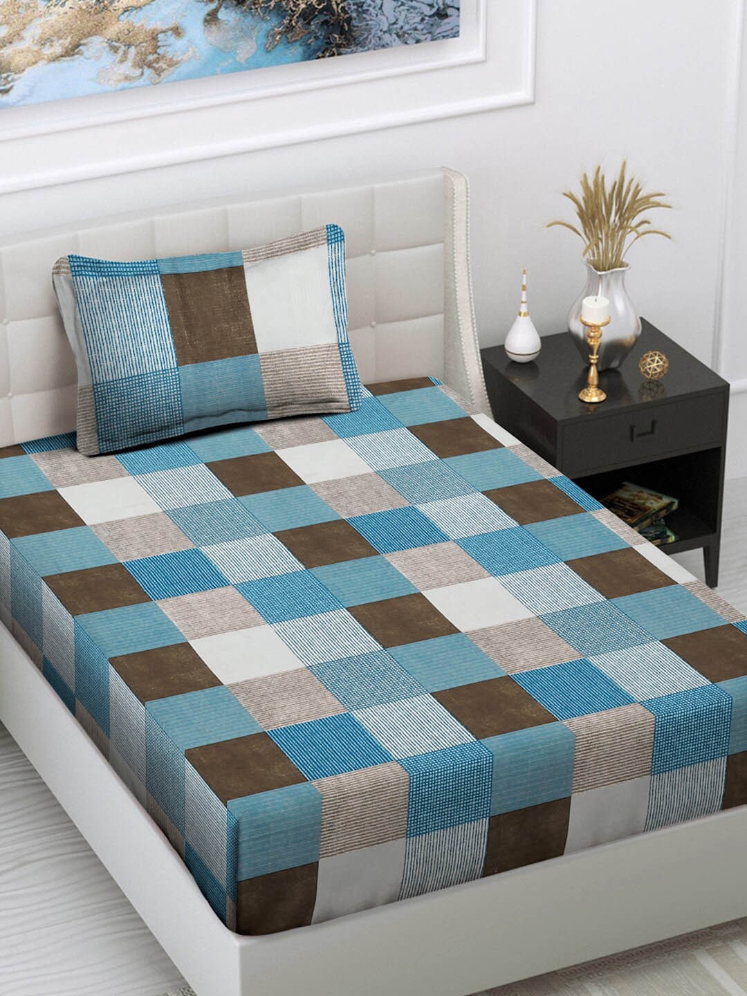 

FABINALIV Coffee Brown & Blue Geometric Printed 300 TC Single Bedsheet With 1 Pillow Cover