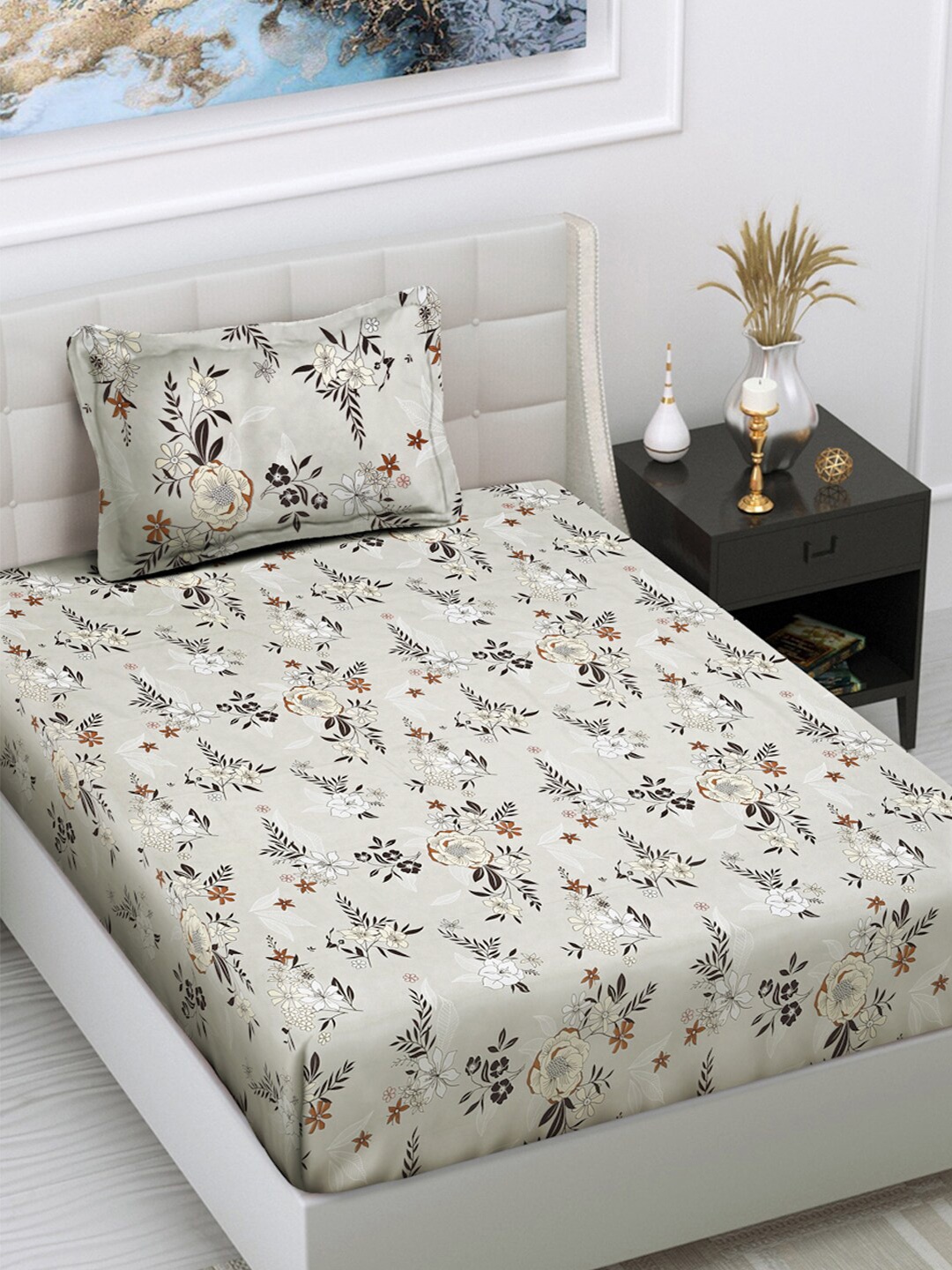 FABINALIV Beige Floral Printed Cotton 300 TC Single Bedsheet With 1 Pillow Cover