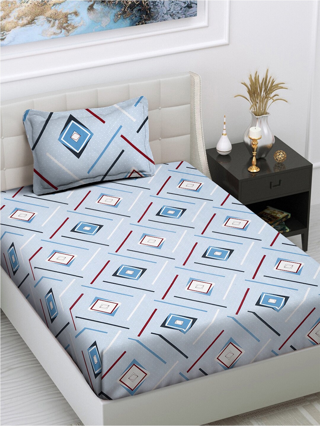 

FABINALIV Blue & White Geometric 300 TC Single Bedsheet with 1 Pillow Cover