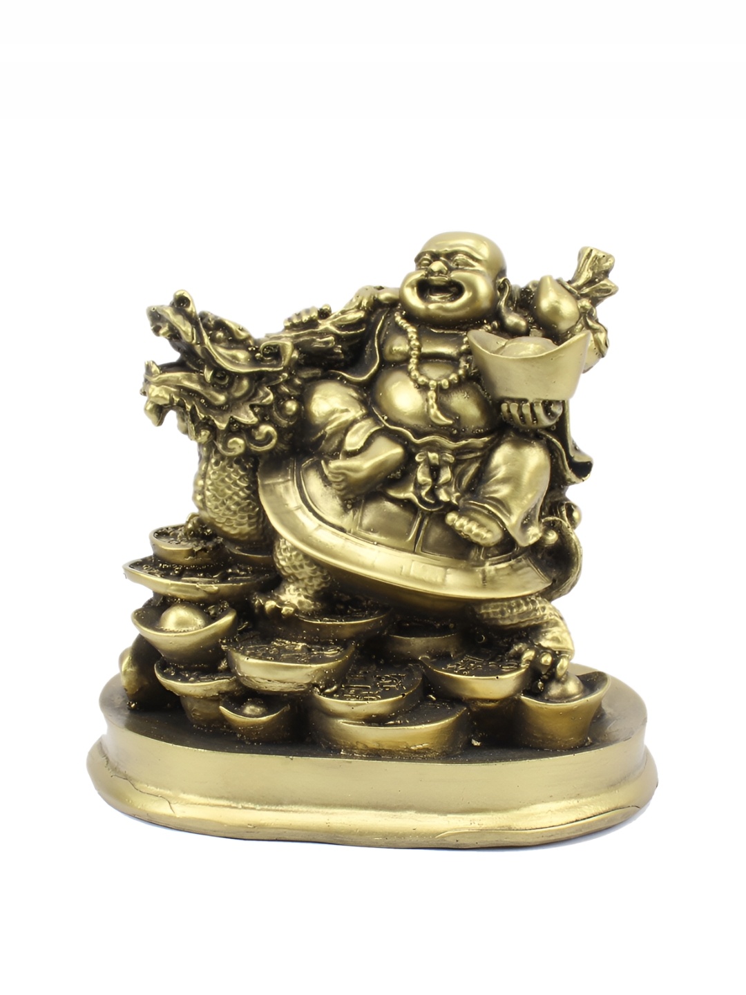

Petrichor Gold-Toned Laughing Buddha on Dragon Figurine Showpiece