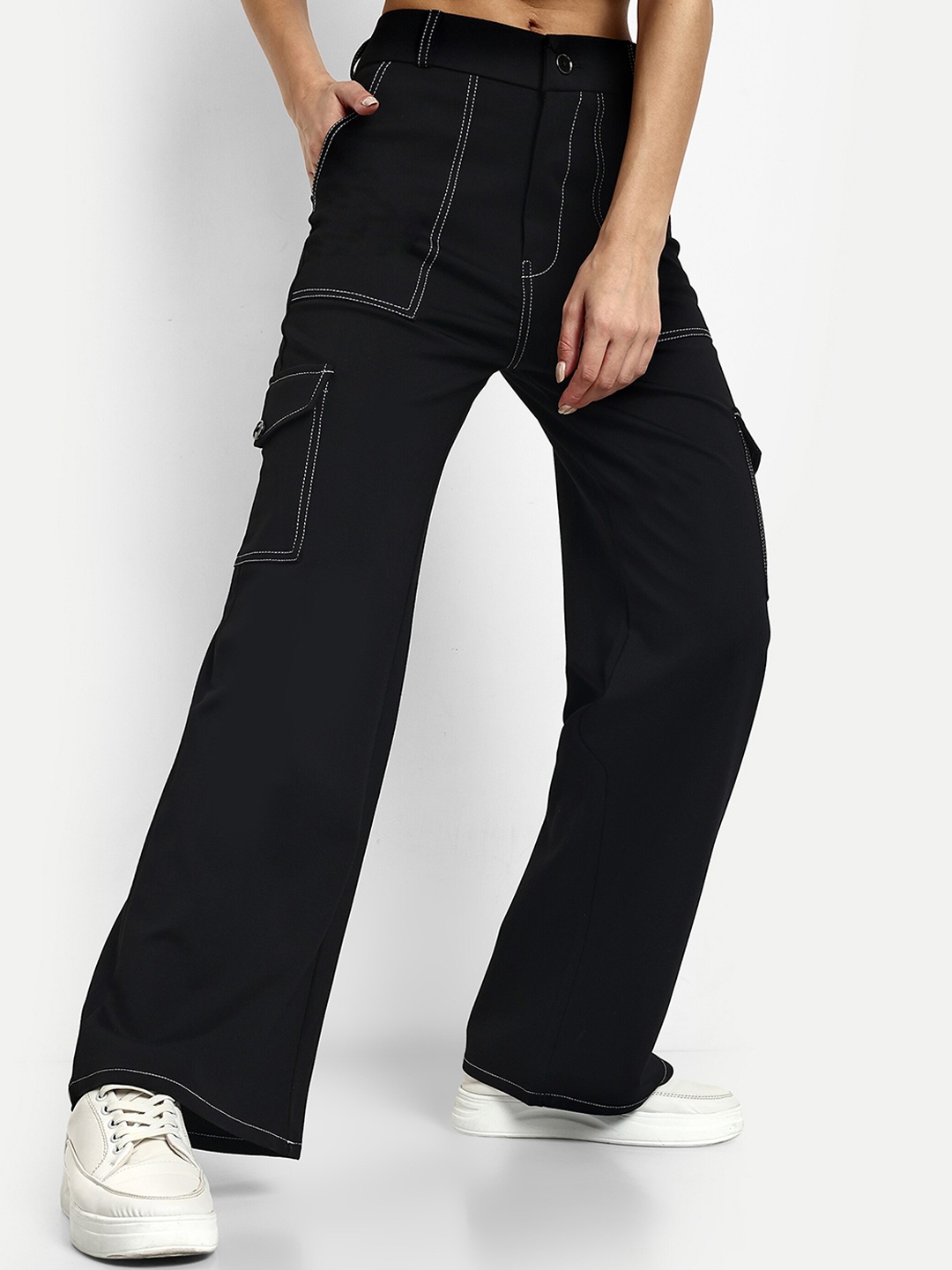 

BROADSTAR Women Smart Straight Fit High-Rise Easy Wash Lyocell Stretchable Cargos, Black
